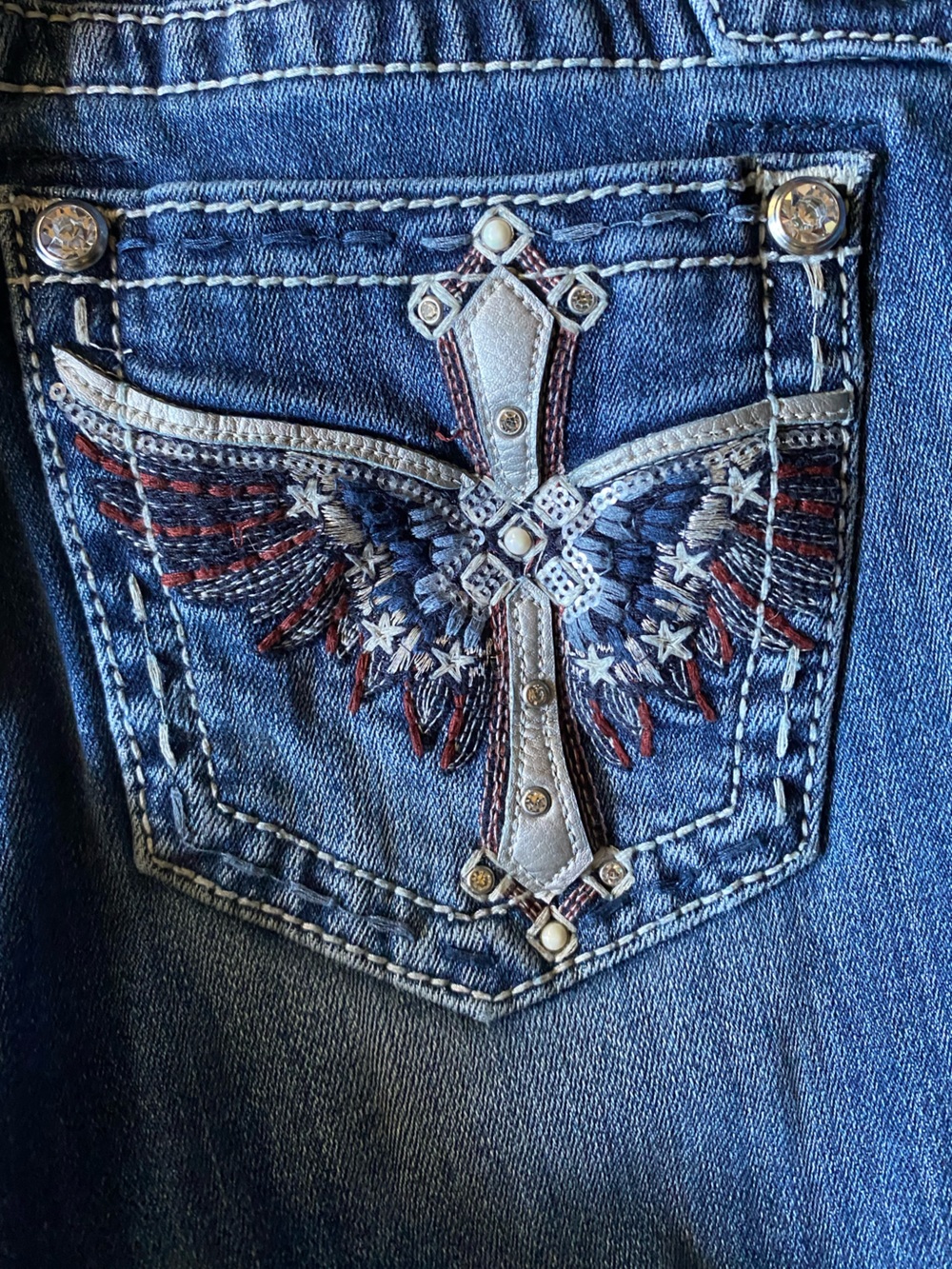 Miss Me Jeans Womens 25 Low Mid Rise Flare American Flag Cross Embellished - Picture 1 of 8